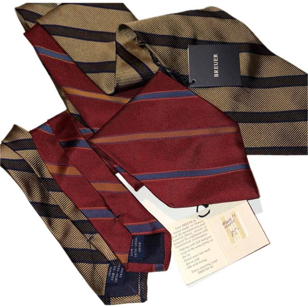 Breuer Silk Tie Lot 2pc Regimental Stripe Burgundy Gold Handmade France NWT 4" W